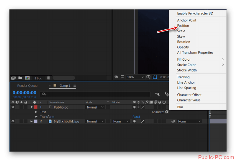 Добавление параметров к тексту в композицию в Adobe-After-Effects