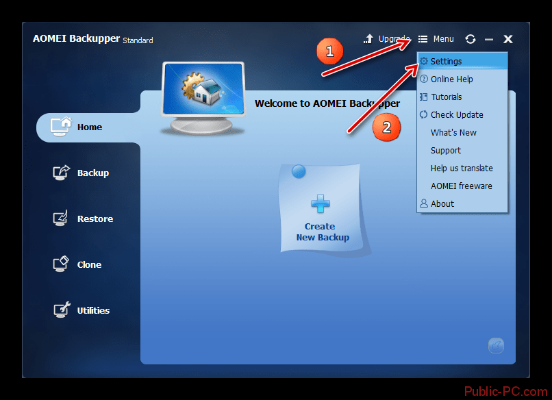 Переход в настройки AOMEI-Backupper из главного окна в ОС Windows-7