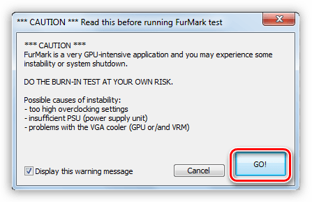 Окно предупреждения после запуска стресс теста графического процессора в Furmark