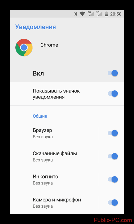Настройки уведомлений в мобильном Google-Chrome