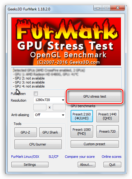 Запуск стресс теста графического процессора в программе Furmark
