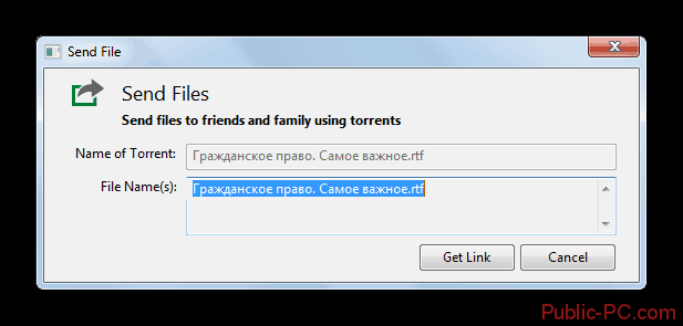 Окно создания ссылки на торрент файл в программе Utorrent