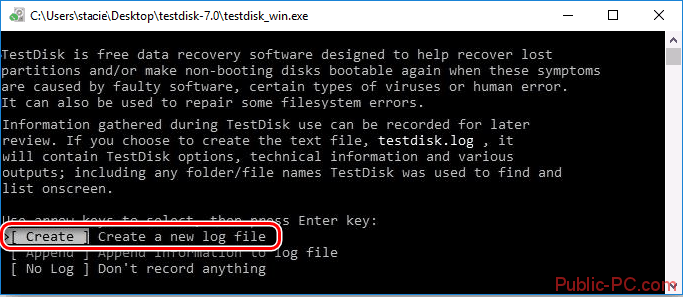 Создание нового лога в TestDisk
