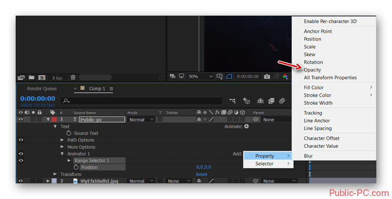 Добавление дополнительных параметров к тексту в композицию в Adobe-After-Effects