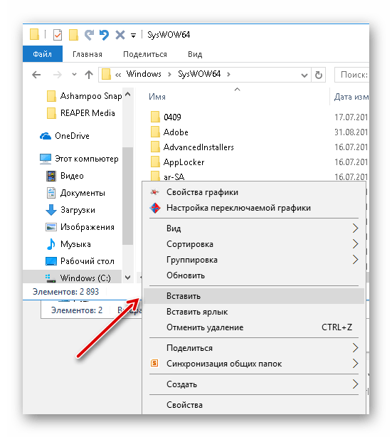 Вставляем файл skidrow.dll в папку sysWOW64 в Windows 10