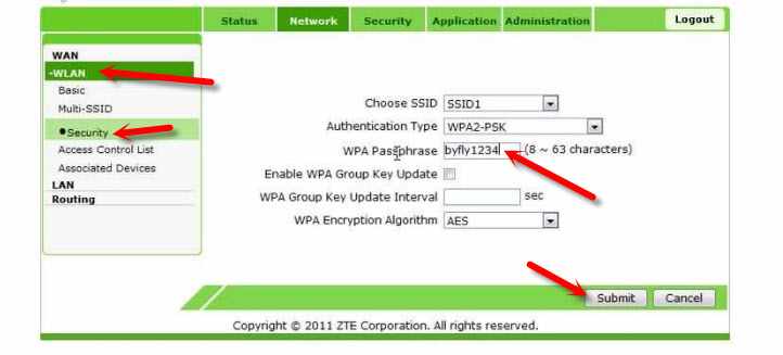 Замена пароля Wi-Fi сети на ZTE ZXV10 H108L
