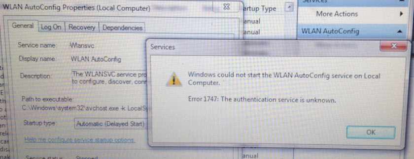 Ошибка 1747 во время запуск службы WLAN для работы Wi-Fi в Windows